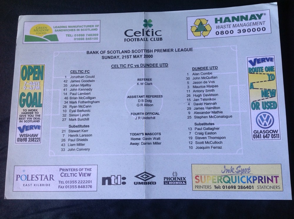 1999/0 Celtic v Dundee Utd May teamsheet