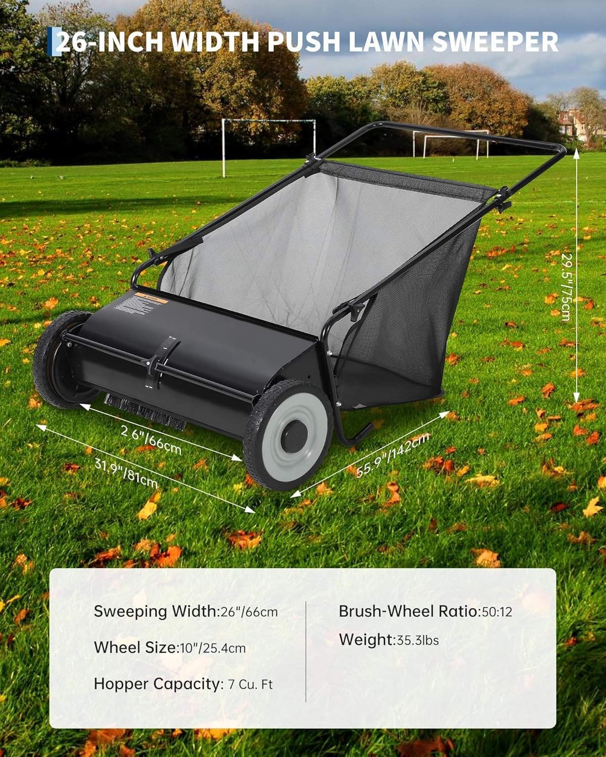 GRAVEE 26 Inch Push Lawn Sweeper 7 Cu Ft 4 Spinning Brush Adjustable Height