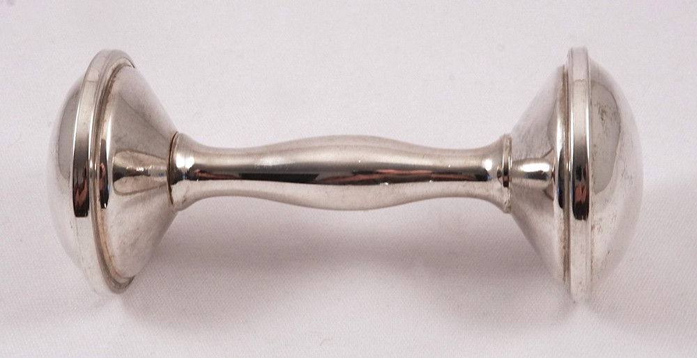 Beautiful Vintage Silver Plate Baby Rattle 4” Barbell Style