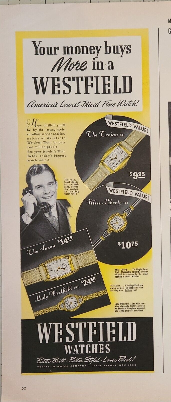 1940 Westfield watches Vintage Ad 14 x 5 your money buys