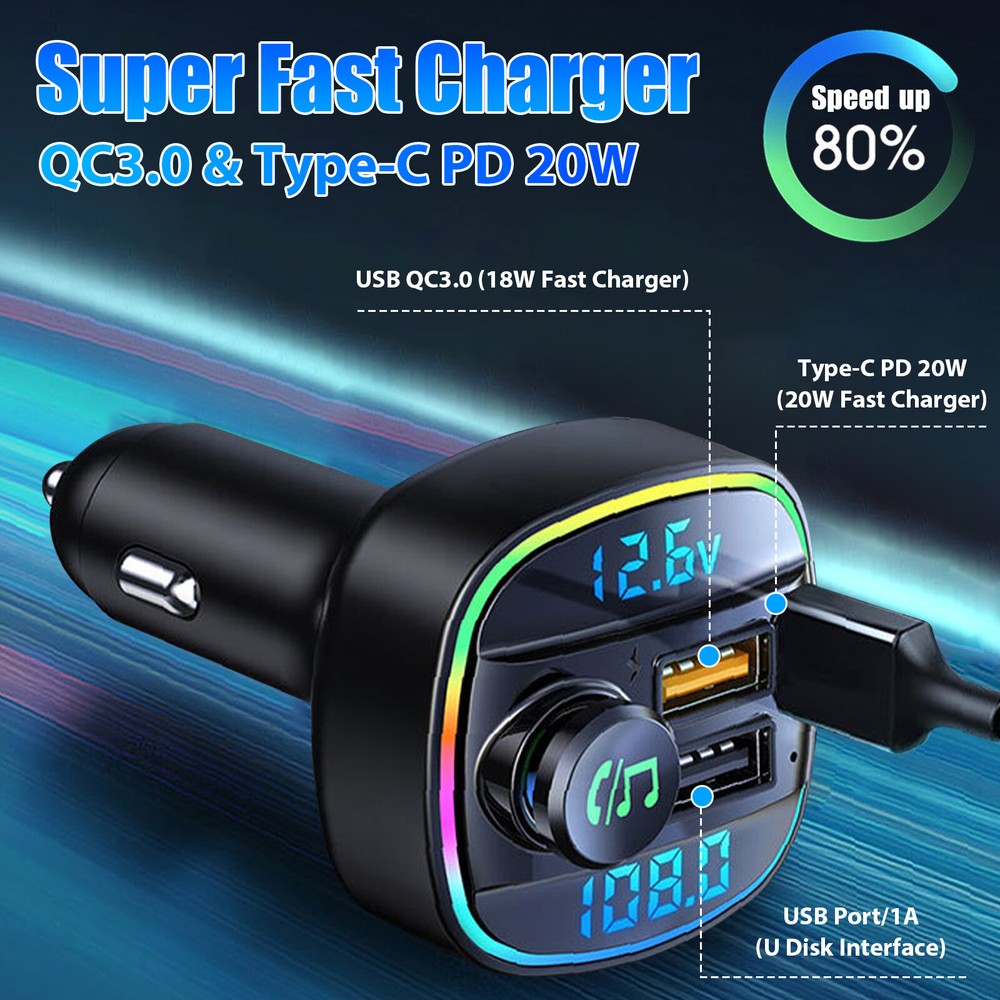 Car Bluetooth FM Transmitter Radio MP3 Wireless Adapter Hands-Free 3Port Charger