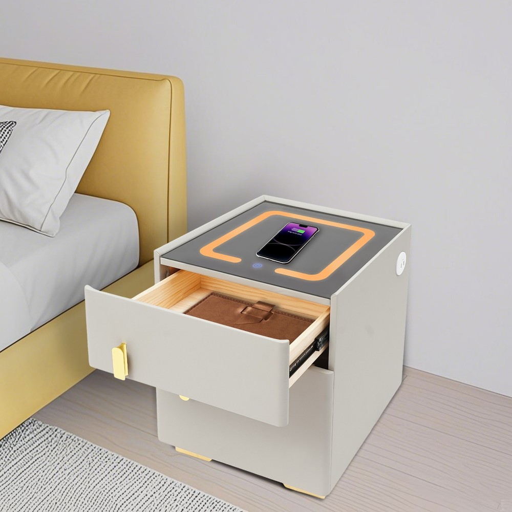 Phone Charging Bedside Cabinet, Grey, Bedside Table with Safe+Combination Lock
