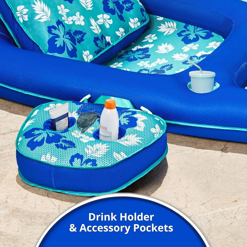 Adjustable Backrest Pool Float for Adults - Teal Hibiscus
