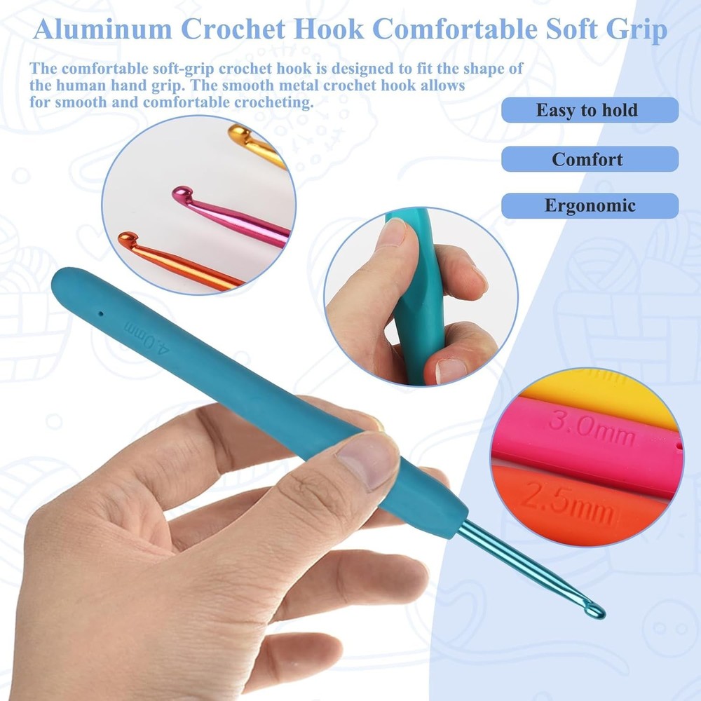 Versatile 19PCS Crochet Hook Kit 2-6mm, Ergonomic Design for All Yarn Types