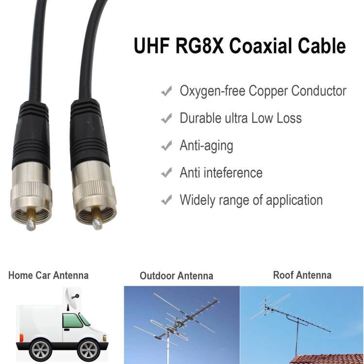 20/50/100ft RG8X Cable Coaxial CB Coax UHF PL259 Connector Male to Male Antenna
