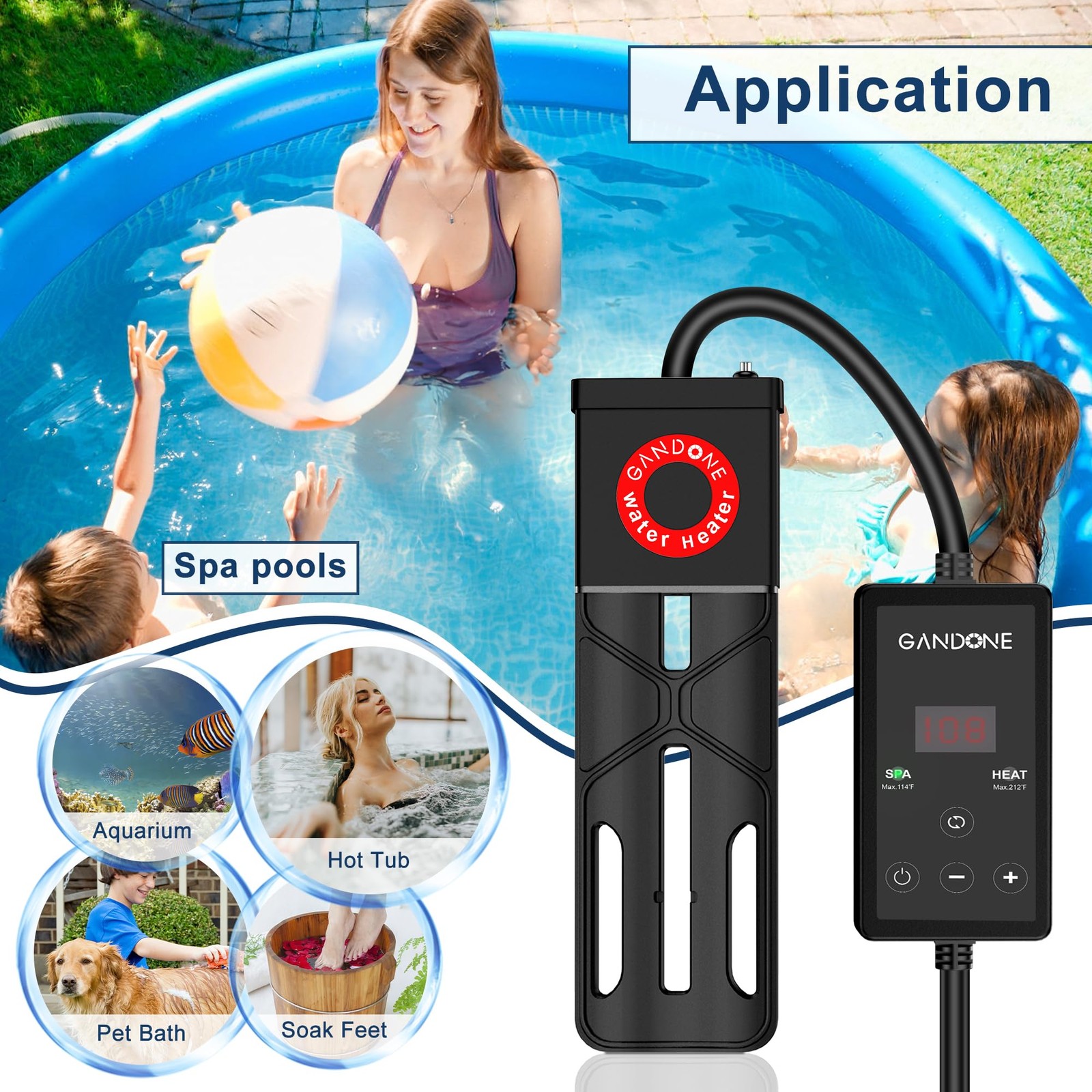 GANDONE Dual Spa Water Heater, Portable Hot Tub Immersion Heater Black