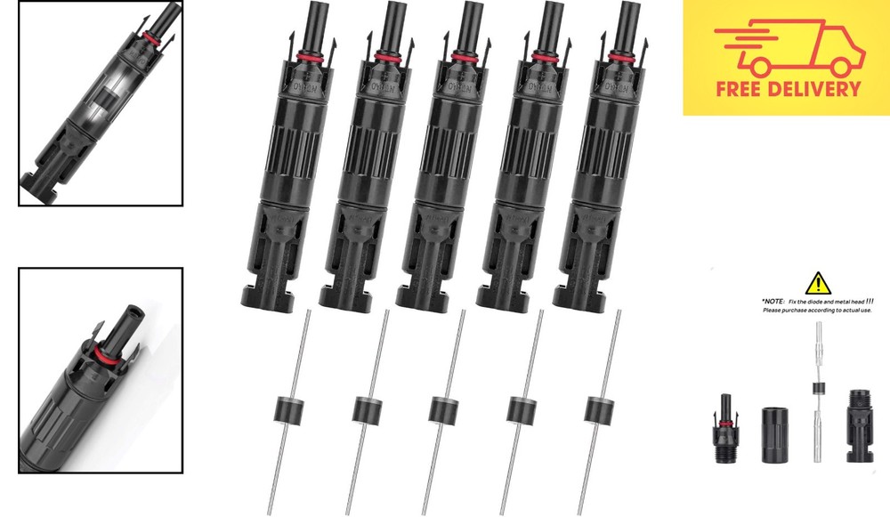Reliable 5-Pack Solar Panel Connectors - 30A Waterproof with Diode Technology