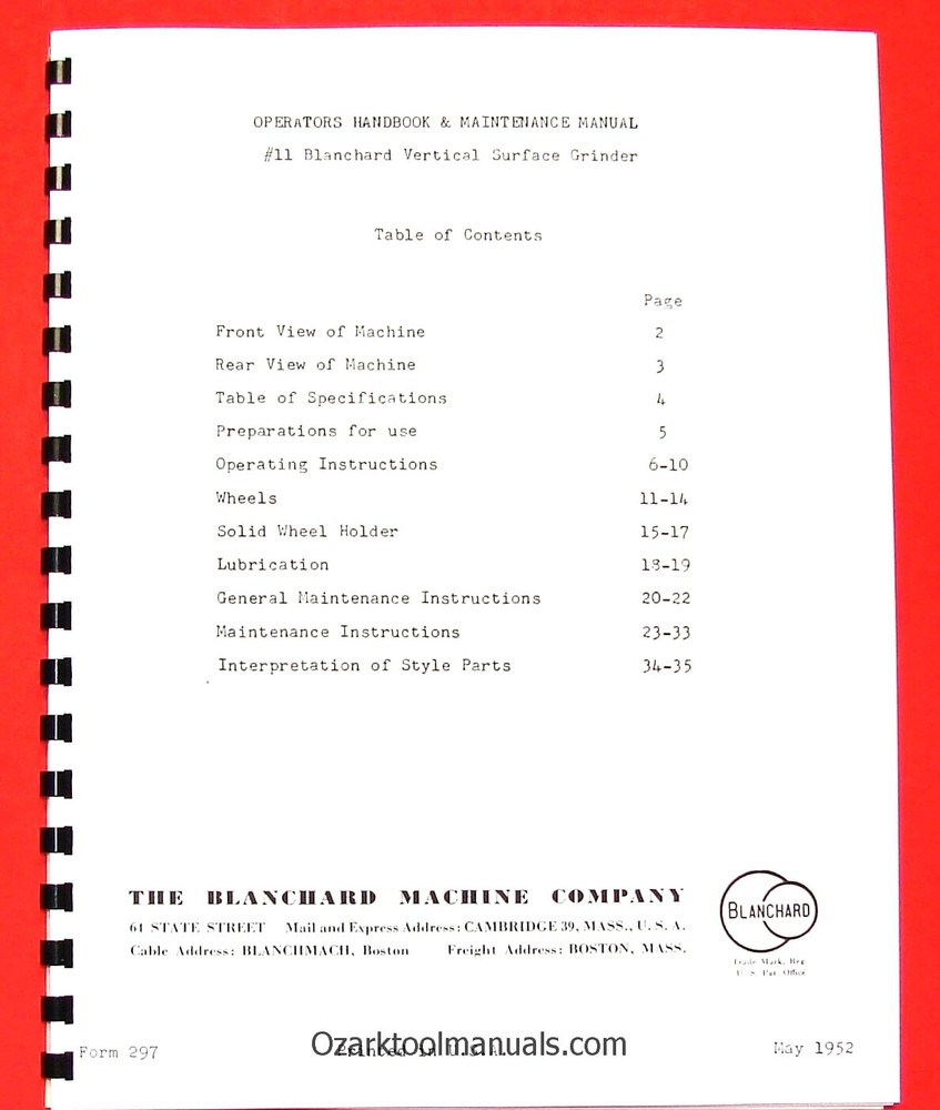BLANCHARD 11 Surface Grinder Service Operator's & Maintenance Manual 0779