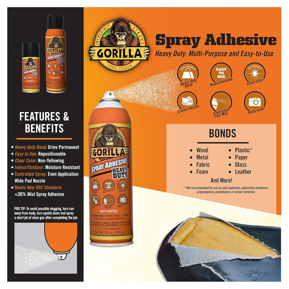Heavy Duty Multipurpose Spray Adhesive, Repositionable, 14 Oz, Clear (1 Pack)