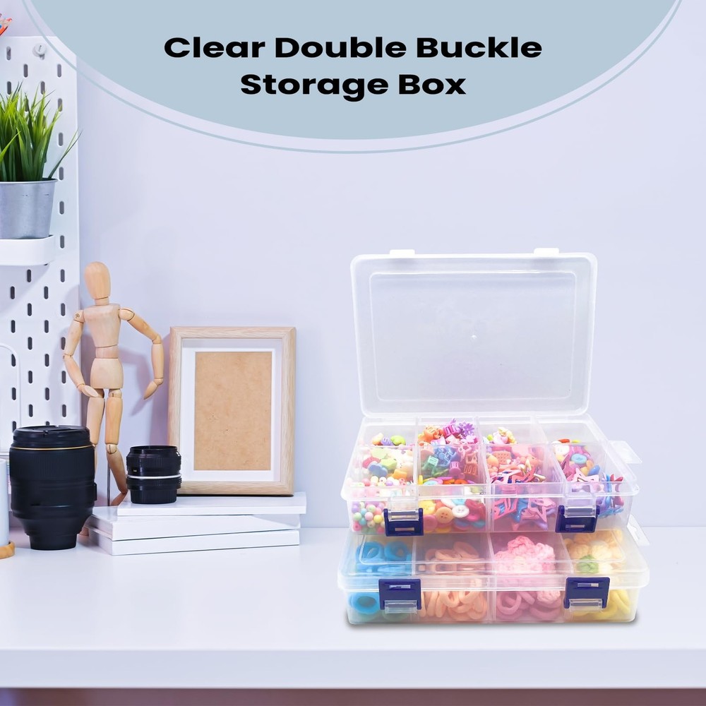 2 Pcs 8 Grids Clear Plastic Storage Box with Adjustable Dividers, Stackable 8...
