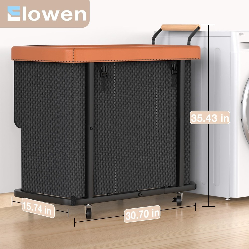 60 Gal (230L) Laundry Hamper 3 Section with Lid, Leather Patchwork Laundry So...