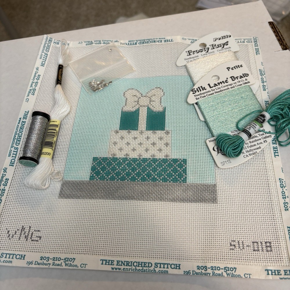 Suzie Vallerie Blue Stack Gift Boxes Handpainted Needlepoint Canvas with Threads
