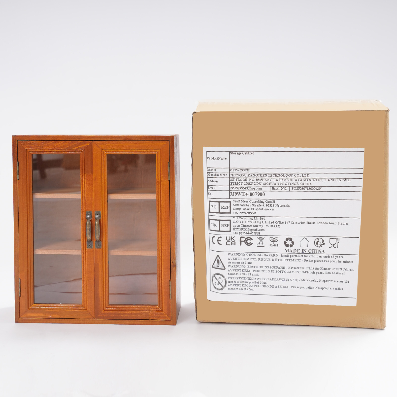 12.09*4.72*14.17in Brown Solid Wood& Acrylic Freestanding 3-tier Storage Cabinet