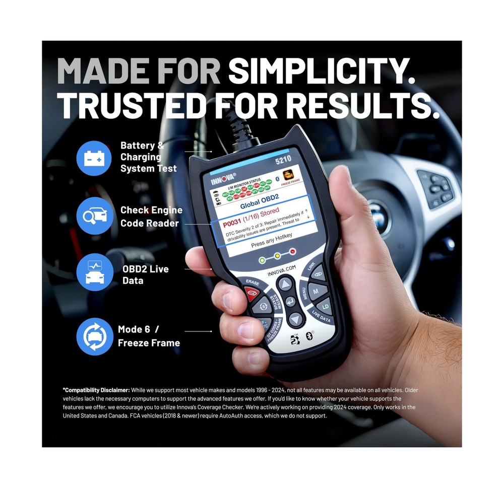 Innova 5210 OBD2 Scanner & Engine Code Reader, Battery Tester, Live Data, Oil...