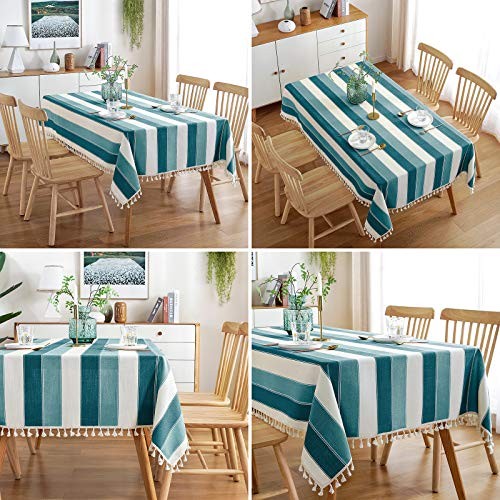 Striped Tassel Tablecloth Stitching Rectangle 120" x 55" (Rectangular) Teal