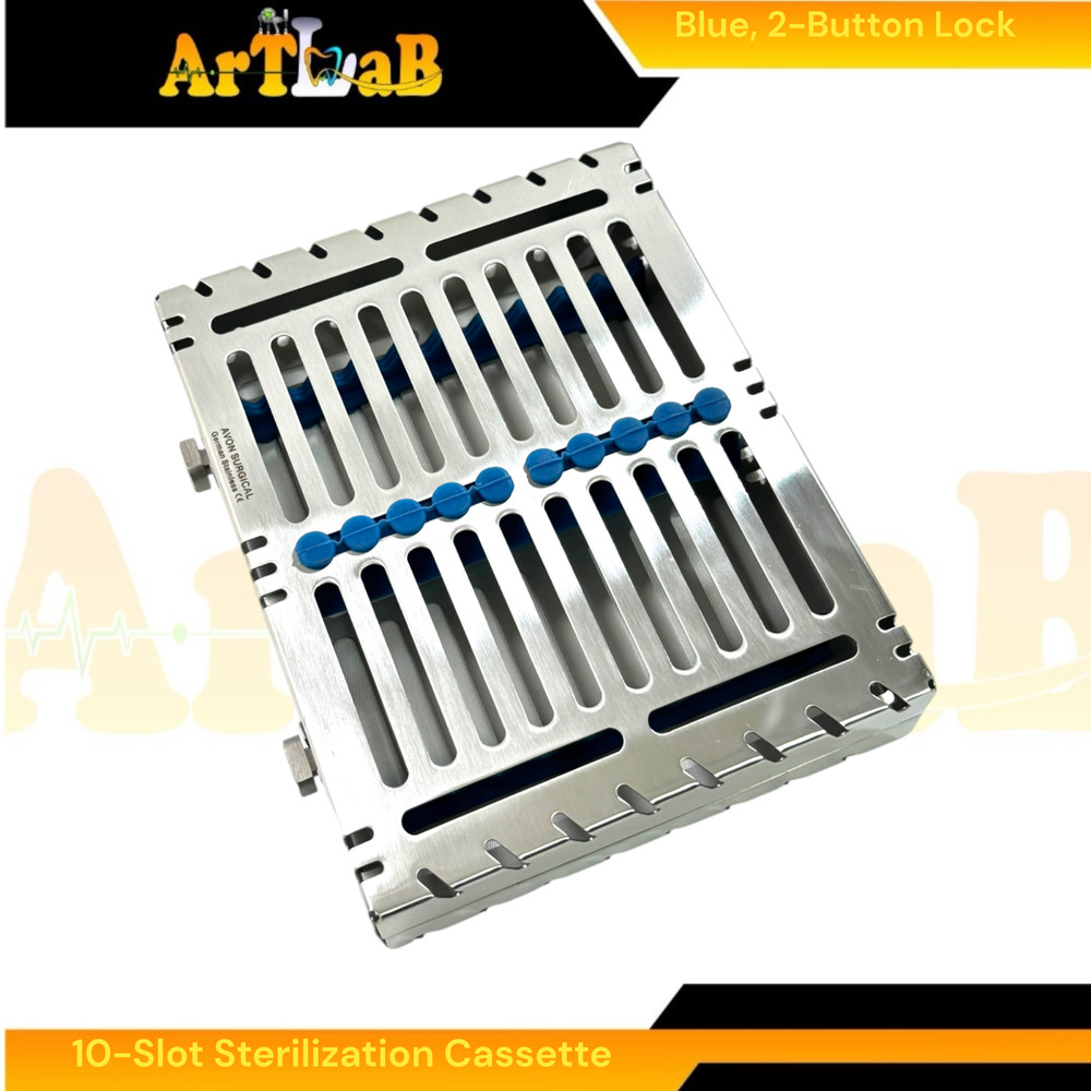 Double-Button Sterilization Cassette for 10 Instruments, Dental, Veterinary Blue