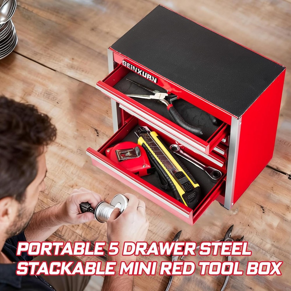 5-Drawer Rolling Red Tool Box Heavy Duty Micro Roll Cab Steel Stackable Tool