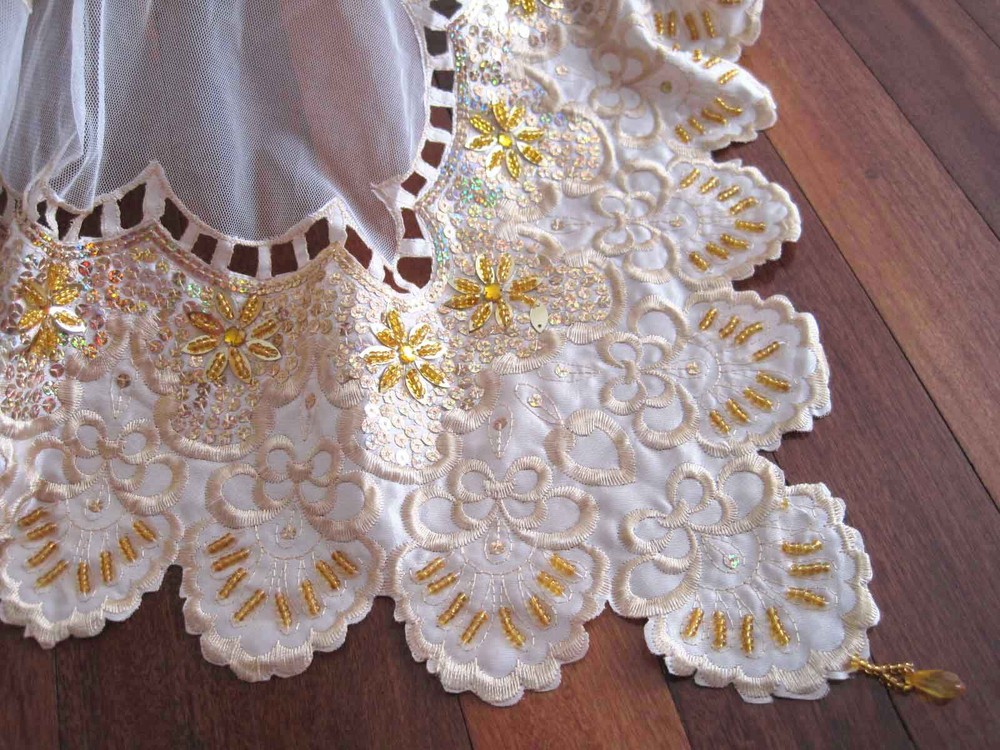 CL@Gorgeous Hand Bead Sequin Embroidery Cutwork Ivory Sheer Patch Table Cloth