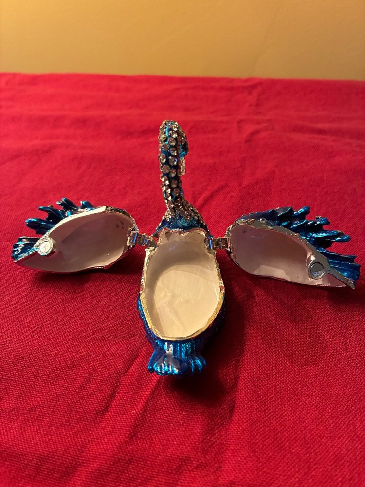 Blue Rhinestone Swan Hinged Enamel Trinket Box - quantities available