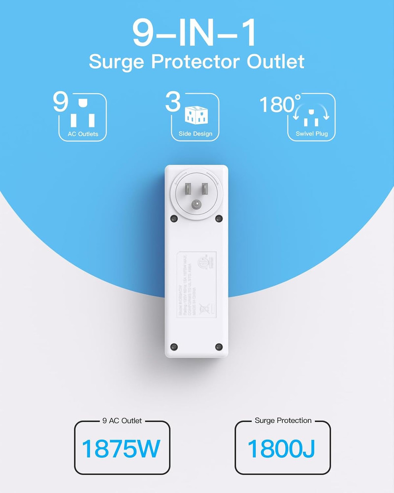 Surge Protector Outlet Extender with Rotating Plug, 9 AC Multi Plug Wall Outlet