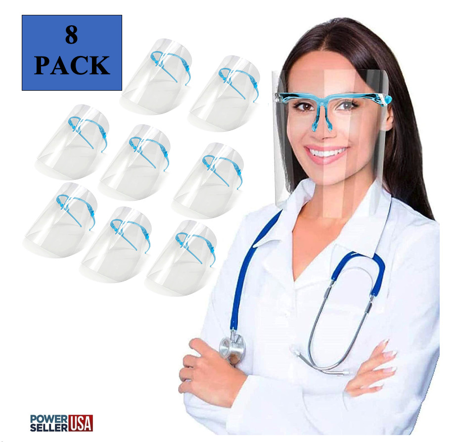 8 Pack Reusable Glasses Frame Face Shield Clear Visor Protective from Droplets.
