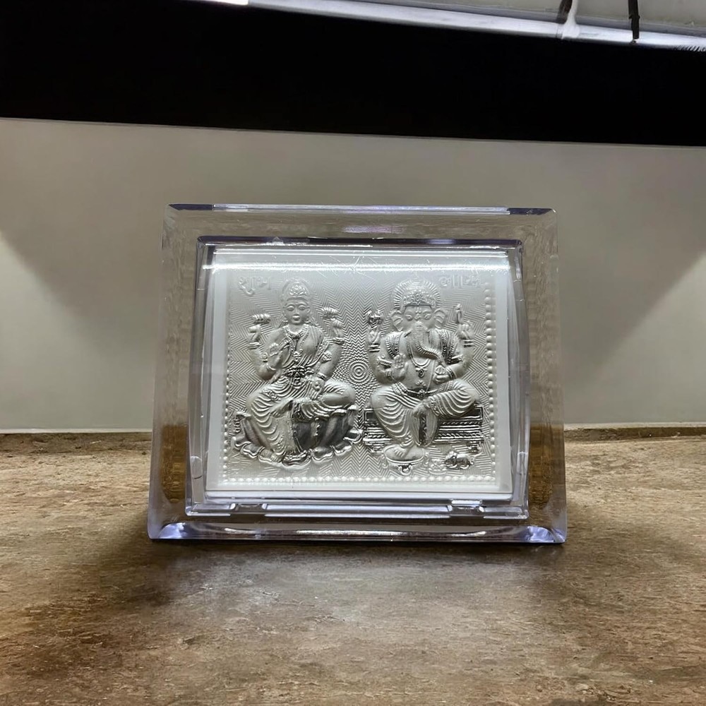 Pure Silver Laxmi Ganesh Frame Tabletop Stand Suitable for Gifting 3x2.5 In