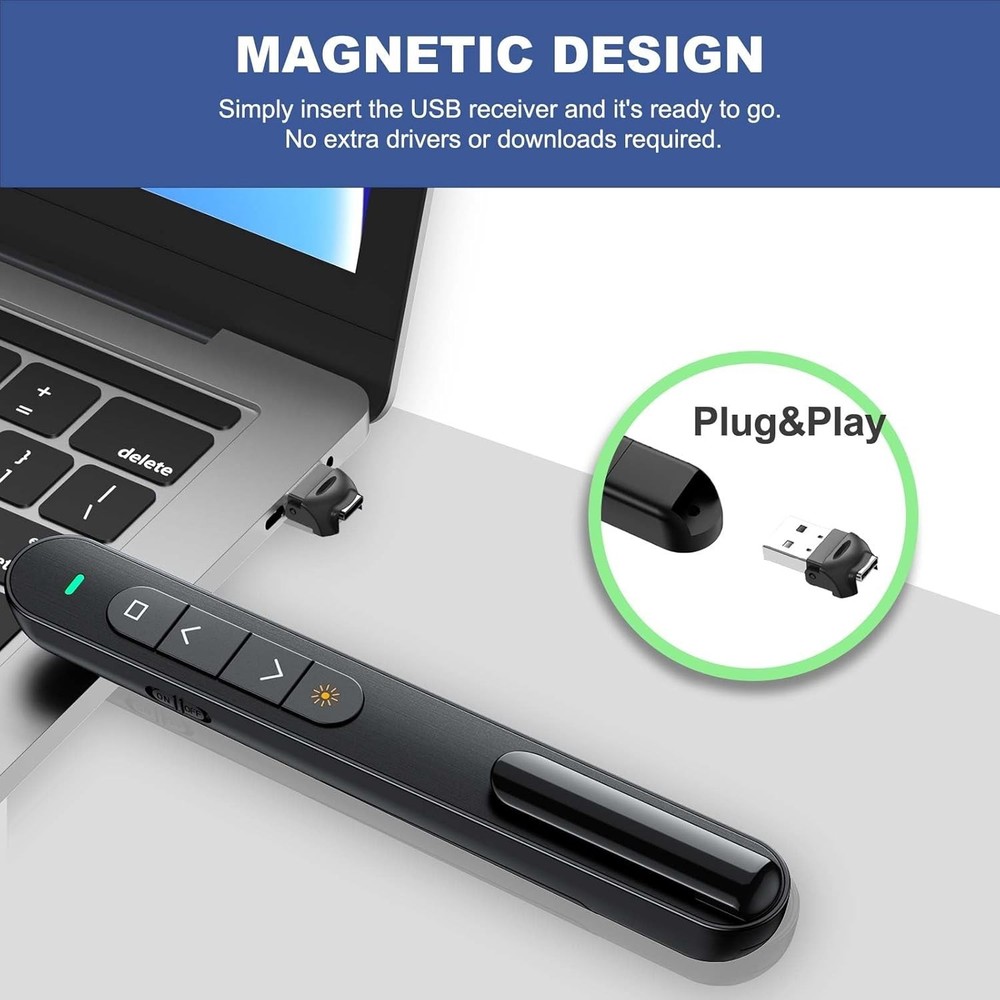 USB-C Wireless Presenter – 2.4GHz Clicker w/ Volume for PowerPoint, Mac/Windows