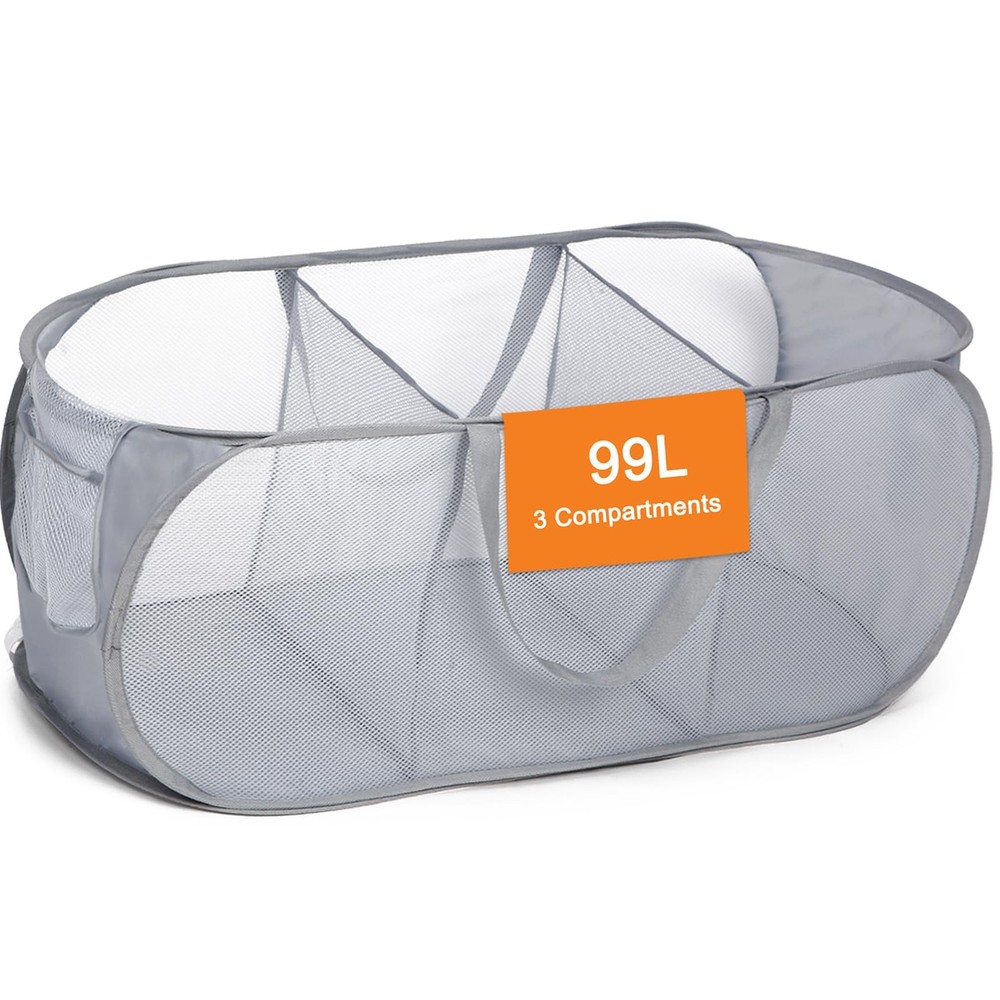 Durable Collapsible Foldable Pop Up Laundry Hamper Sturdy 3 Compartments Hand...