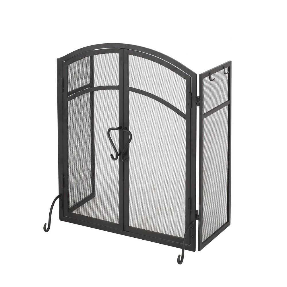 Modern 3 Panel Iron Folding Fireplace Screen with Doors and Tools Matte Black