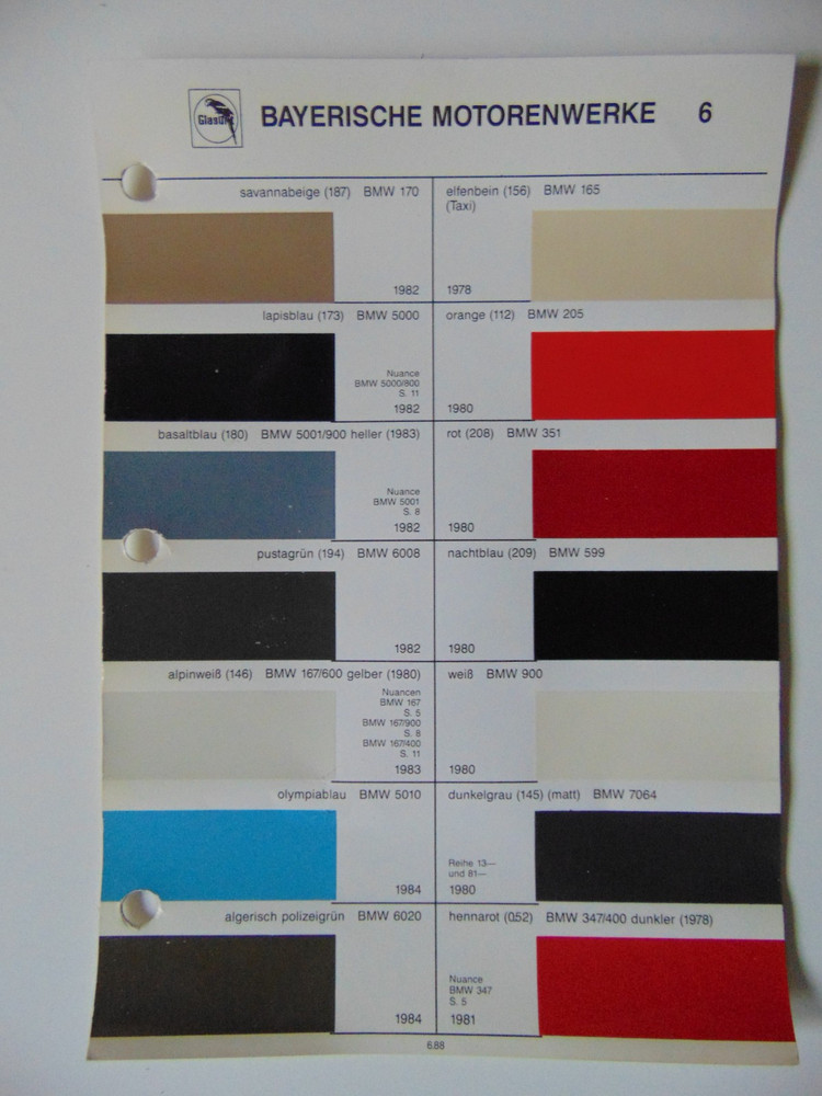 Original Glasurit BMW Paint Chips Sheet - 1978-1984