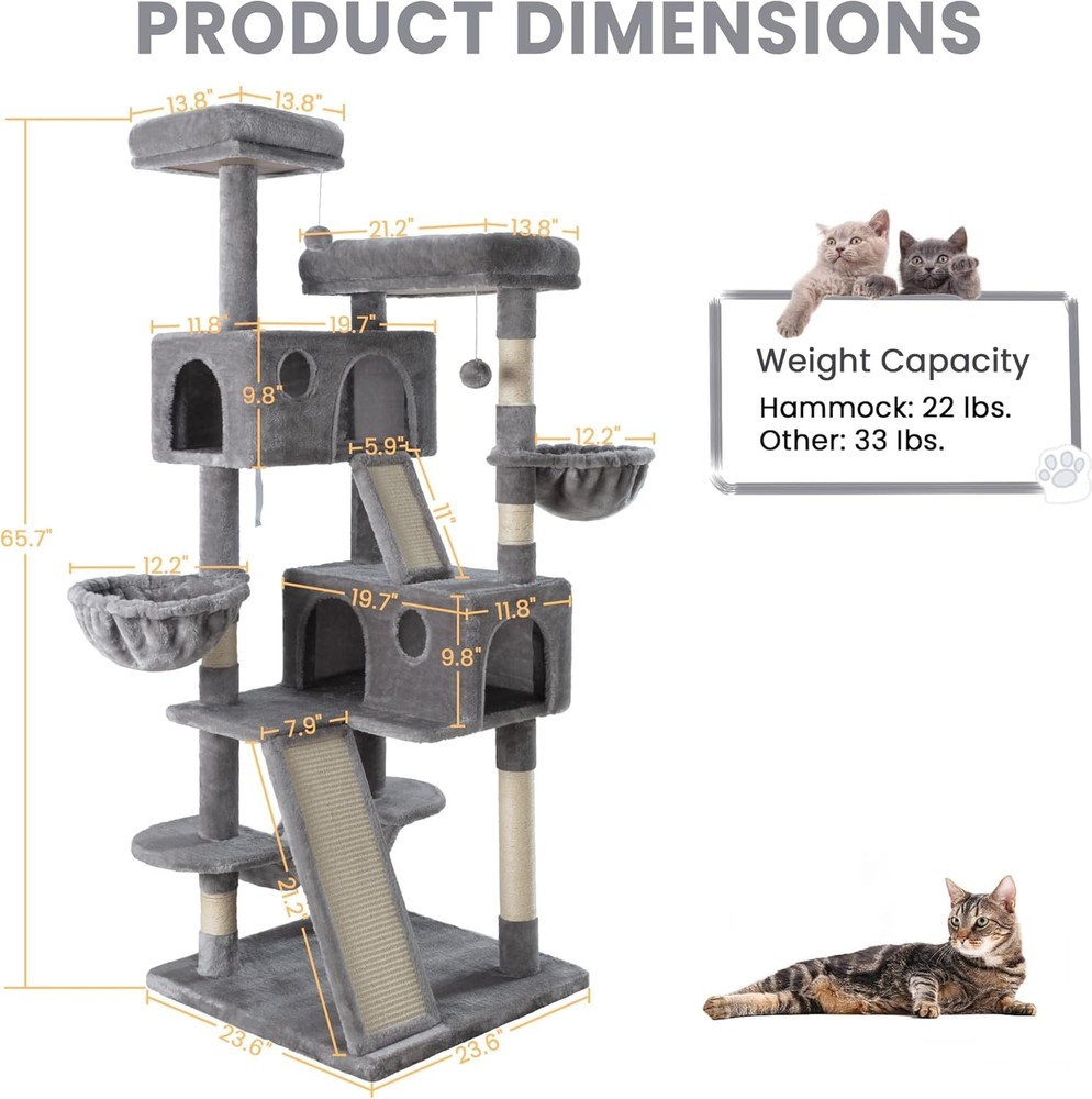 Large 65" Cat Tree Tower with Cozy Perches, Scratching Posts & Hammock - Grey