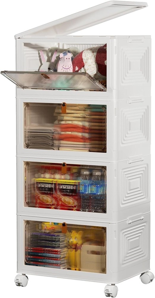 4 Tier Storage Bins with Wheels - Stackable Containers - Collapsible & Portable