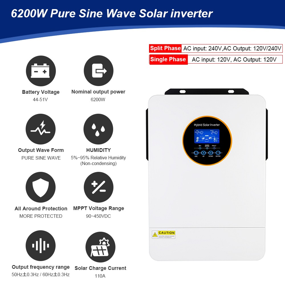 6200W Solar Hybrid Inverter 48V DC-110V/220V AC Split Phase Off-Grid Controller