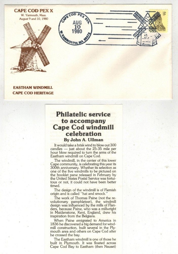 1980 CAPE COD HERITAGE EASTHAM WINDMILL & TEXT SHEET + VIRGINIA 1720 WINDMILL