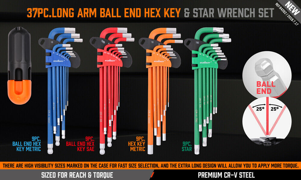 36pc Hex Key Allen Wrench Set Ball End SAE Metric Star Long Arm Industrial Grade