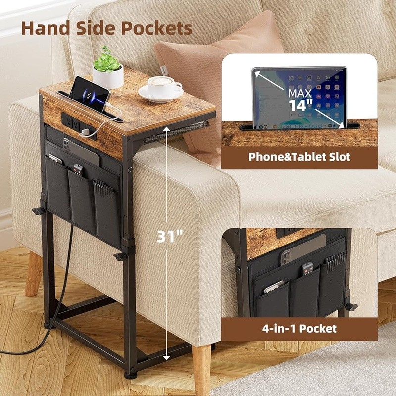 Adjustable C Table W/ Charging Station USB Type-C AC Outlet Storage Pockets