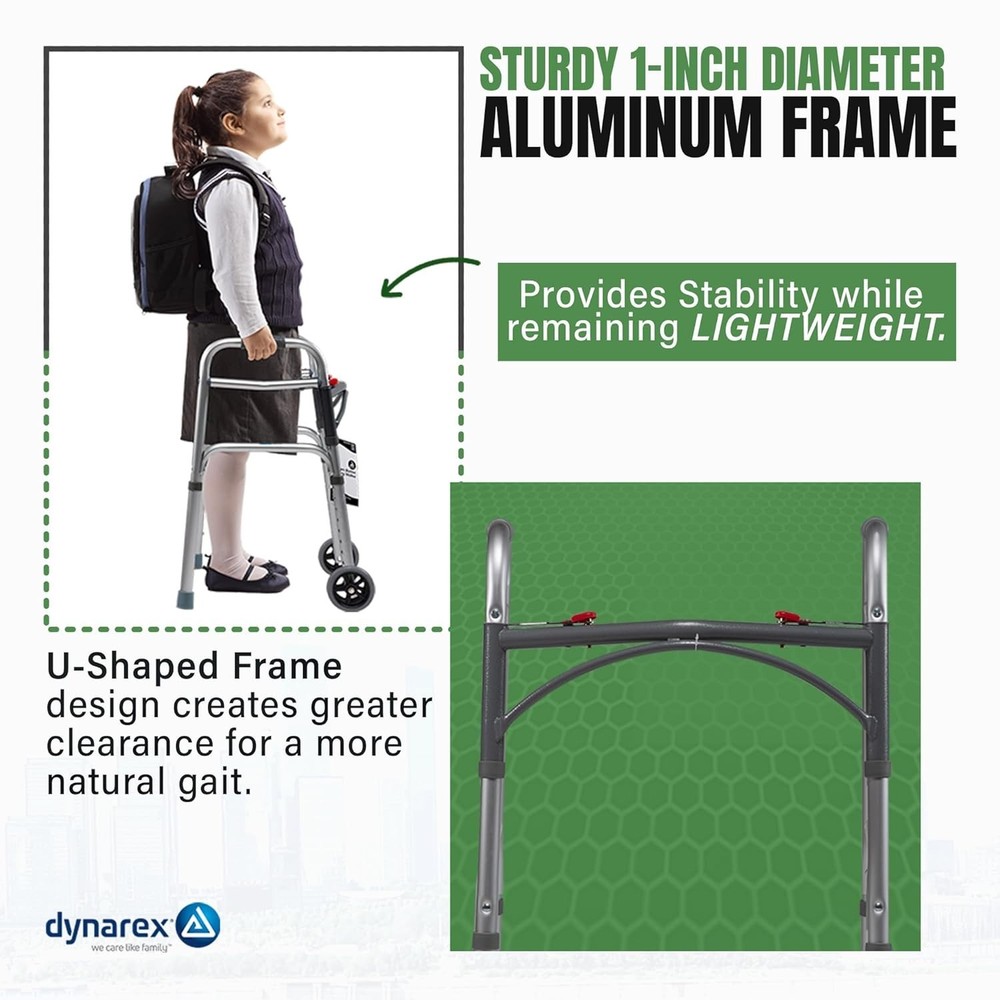 Junior Two-Button Folding Walker with Wheels has Tool-Free Adjustable Height