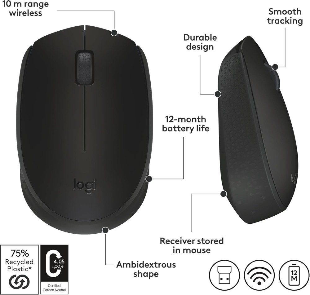 Logitech M170 - Lightweight Wireless Mouse with 33ft Range & 800 DPI Sensitivity