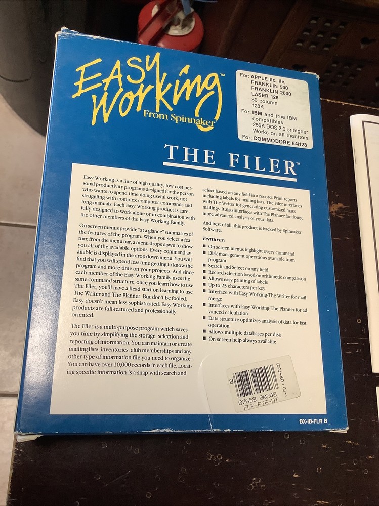 Easy Working From Spinnaker the Filer Commodore IBM & Apple Computer Disk 5.25”