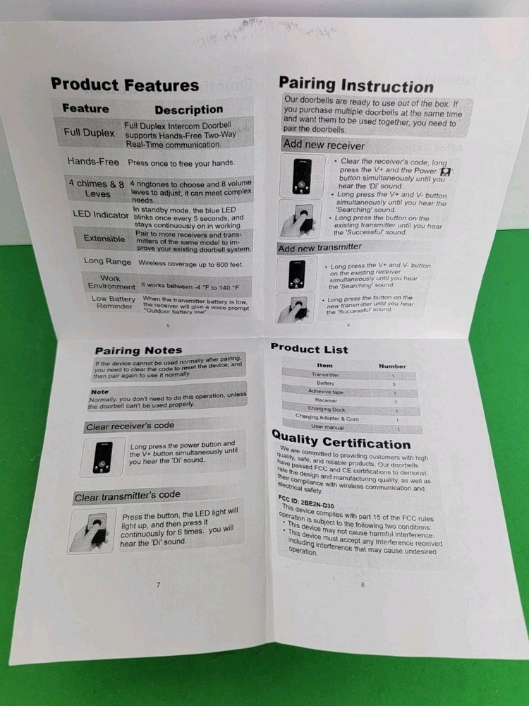 Hands-Free Wireless Doorbell Intercom - Waterproof & LED Flash & 1000ft Range,