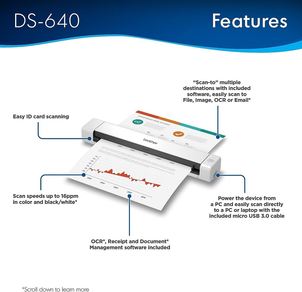 Brother DS-640 Compact Mobile Document Scanner 16ppm USB Mac PC Windows