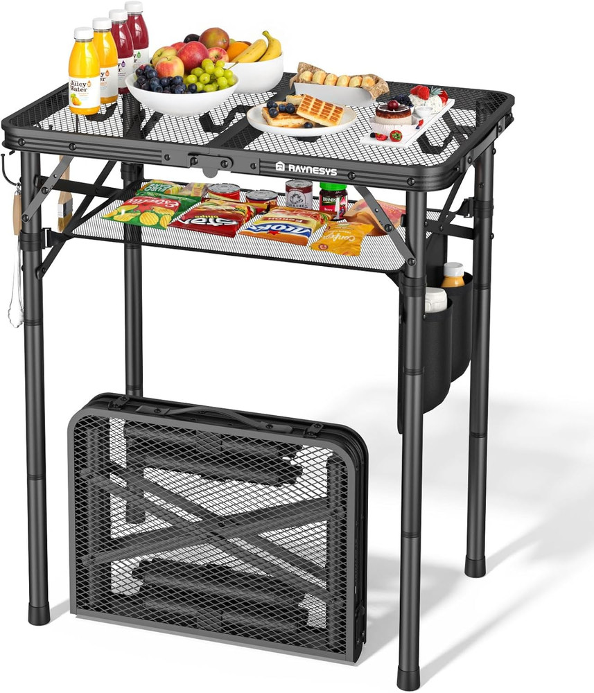 Folding Grill Table for Outside, 3 Height Adjustable Small Camping Table with Me