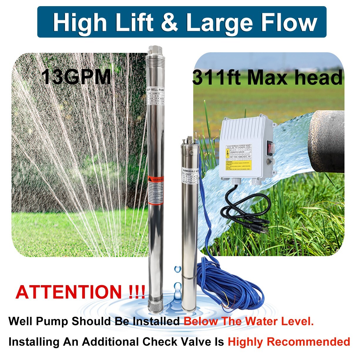 2.5" 1HP Deep Well Submersible Pump, 220V, 13 GPM, 311FT Max, 26 Stage 50FT Cord