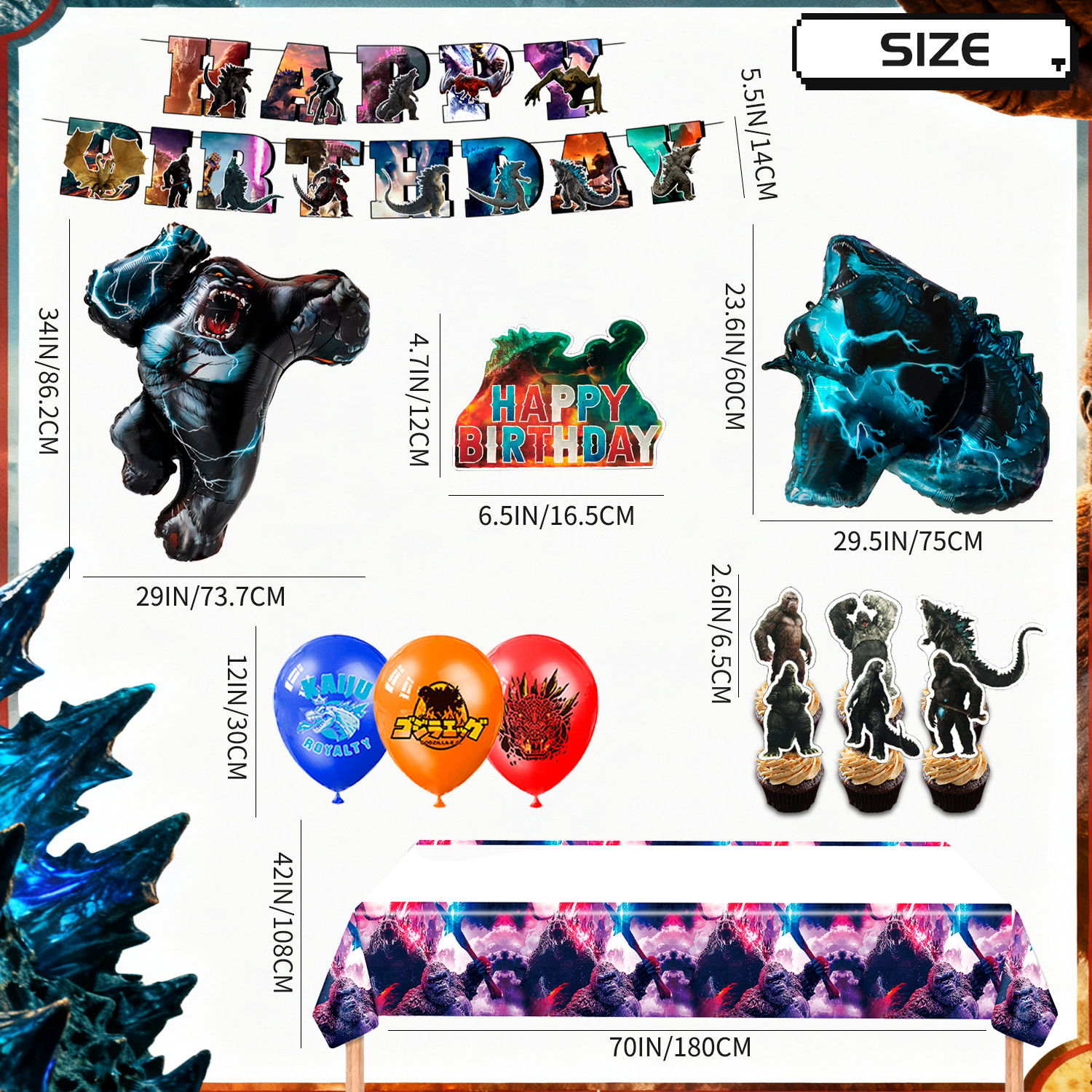 41Pcs Godzilla King Kong Birthday Party Decoration Godzilla Balloons Cake Topper