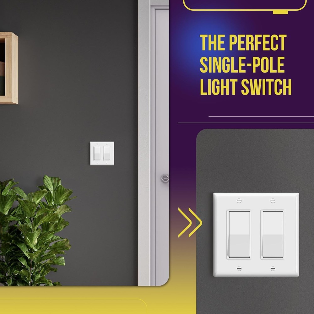 Decorator Paddle Rocker Light Switch, Gloss Finish, Single Pole, 3 Wire