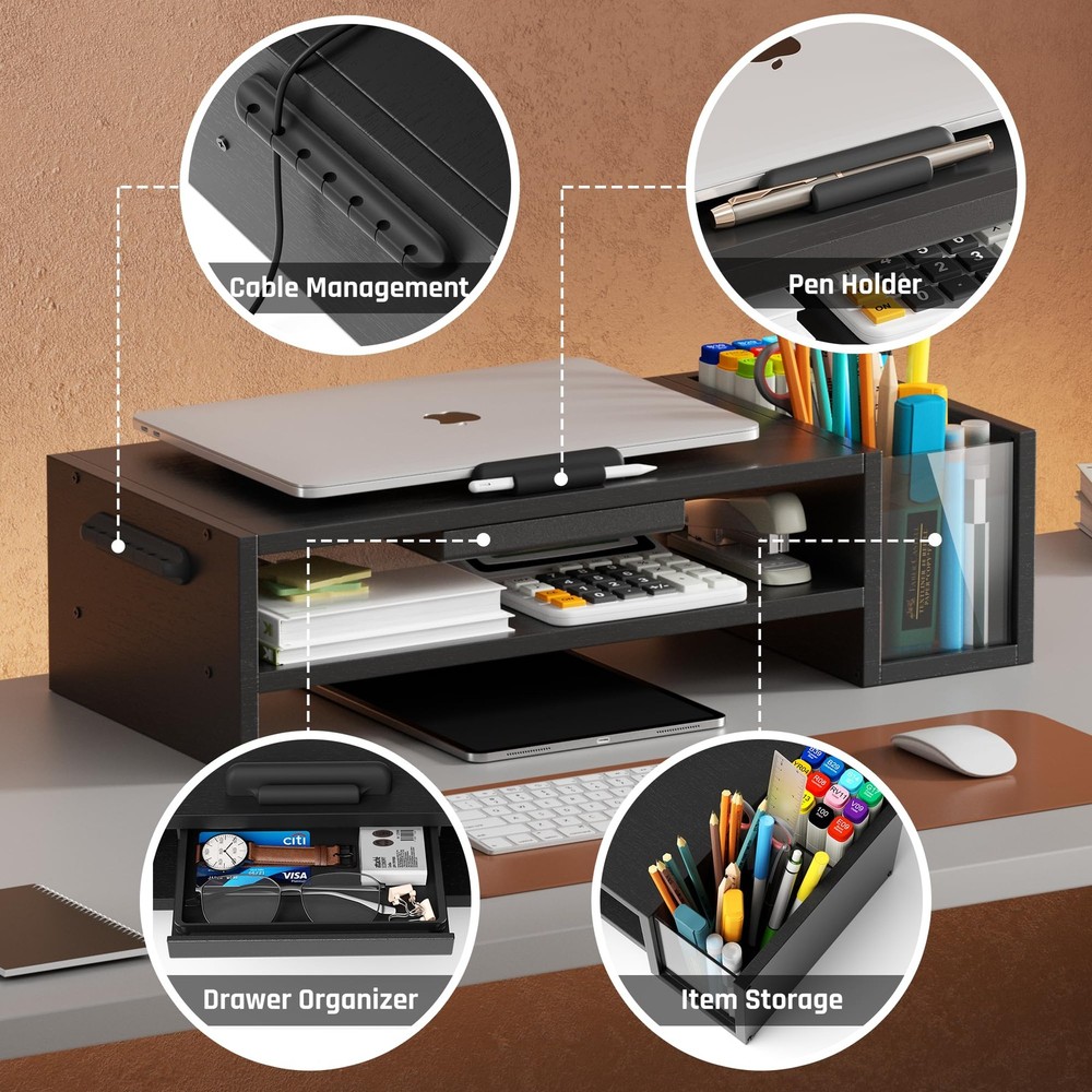 Adjustable Wood Laptop Stand, Ergonomic Height & Angle Computer Riser with Pe...