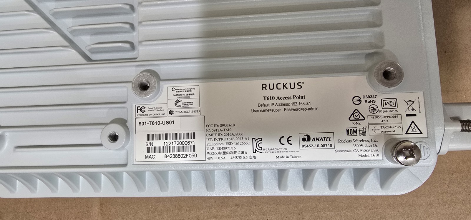 Brand New Ruckus T610 2.4GHx/5GHz Outdoor Access Point 4x4:4 901-T610-US01