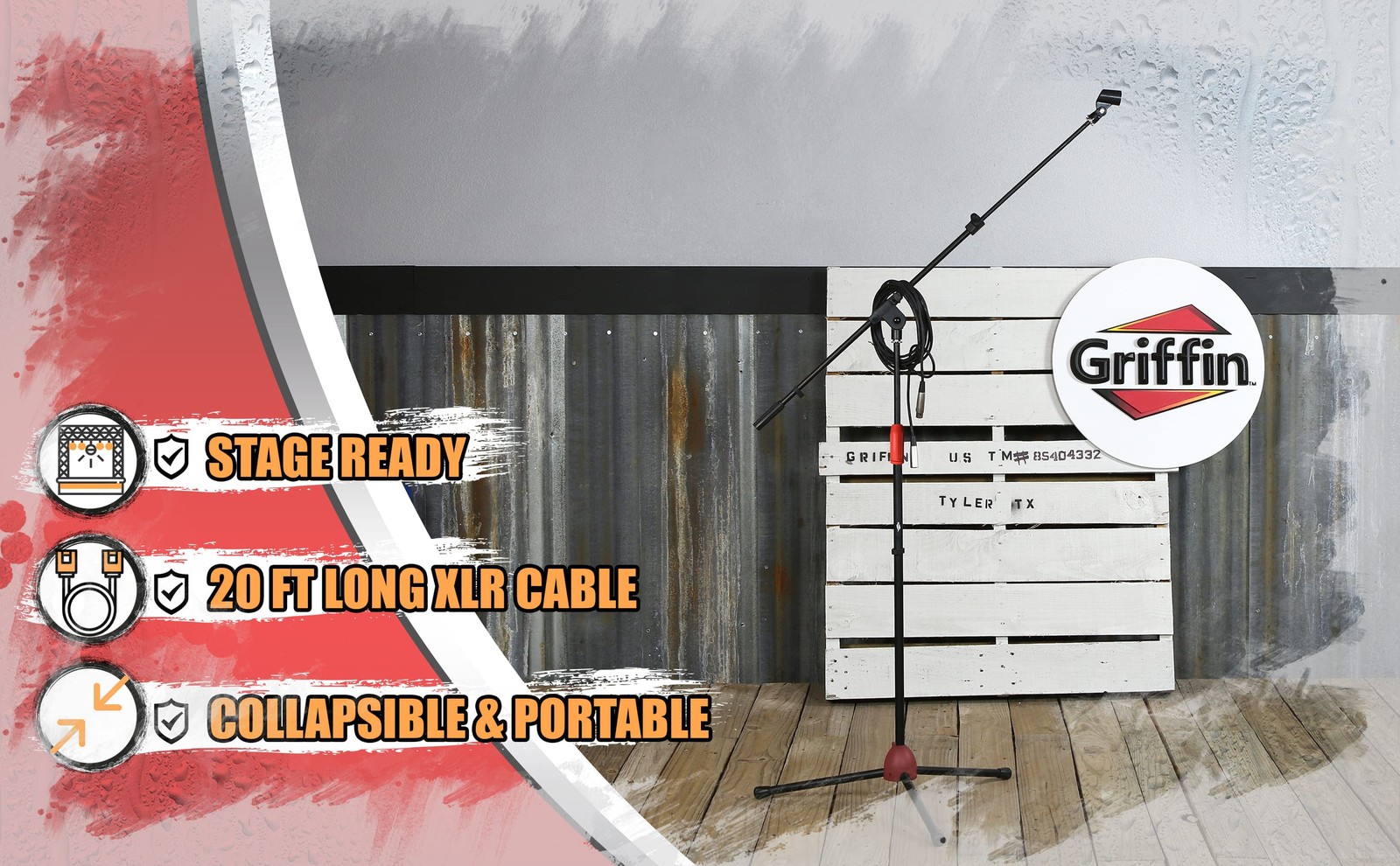 GRIFFIN Tripod Microphone Boom Stand Holder PACK XLR Cable Mic Clip Studio Stage