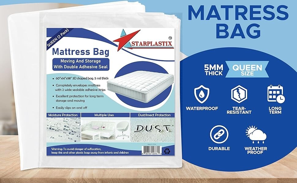 2-Pack Heavy Duty 5 Mil Thick Mattress Bags Furniture Storage Bags, Queen Size