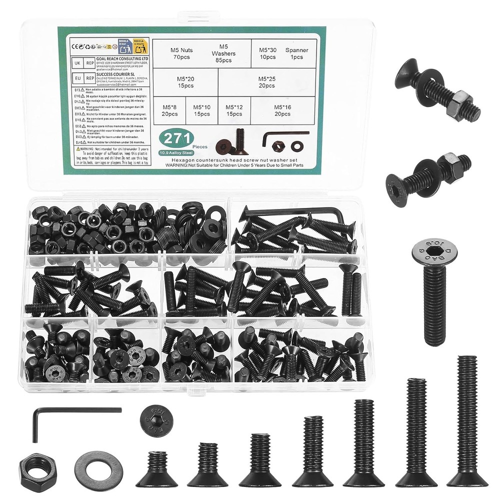 M3M4M5M6M8 Hex Socket Head Countersunk Screws Bolts Nuts Washers Assortment Kit